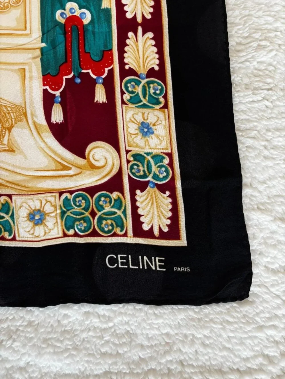 Celine Vintage Black Silk Scarf Ancient Theater Lyre Pattern Large Square
